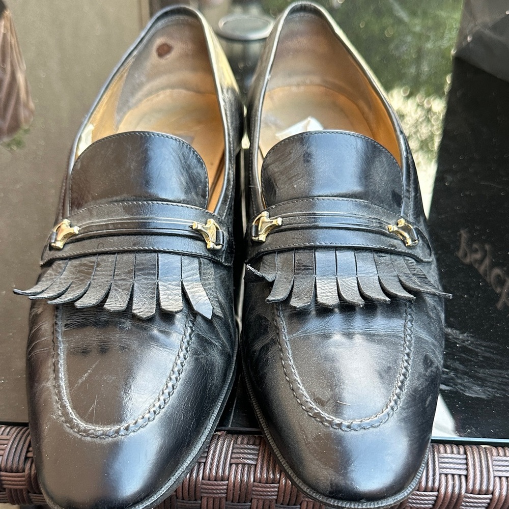 Gucci Black Leather Oxfords with Fringe